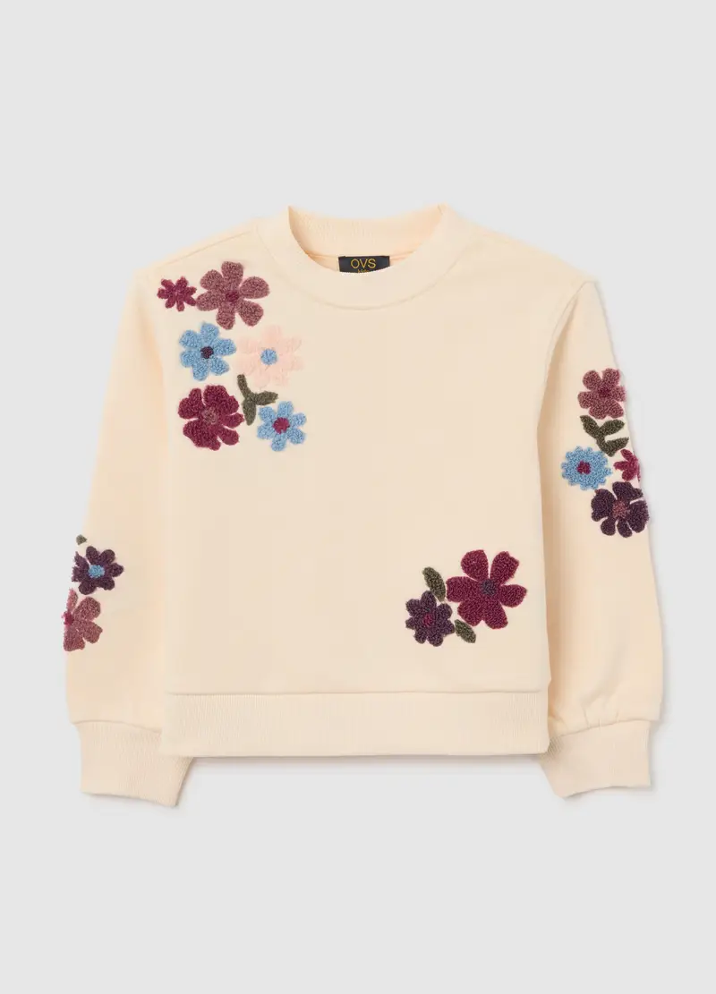Felpa Da Bambina In Misto Cotone Beige Con Ricami, Beige
