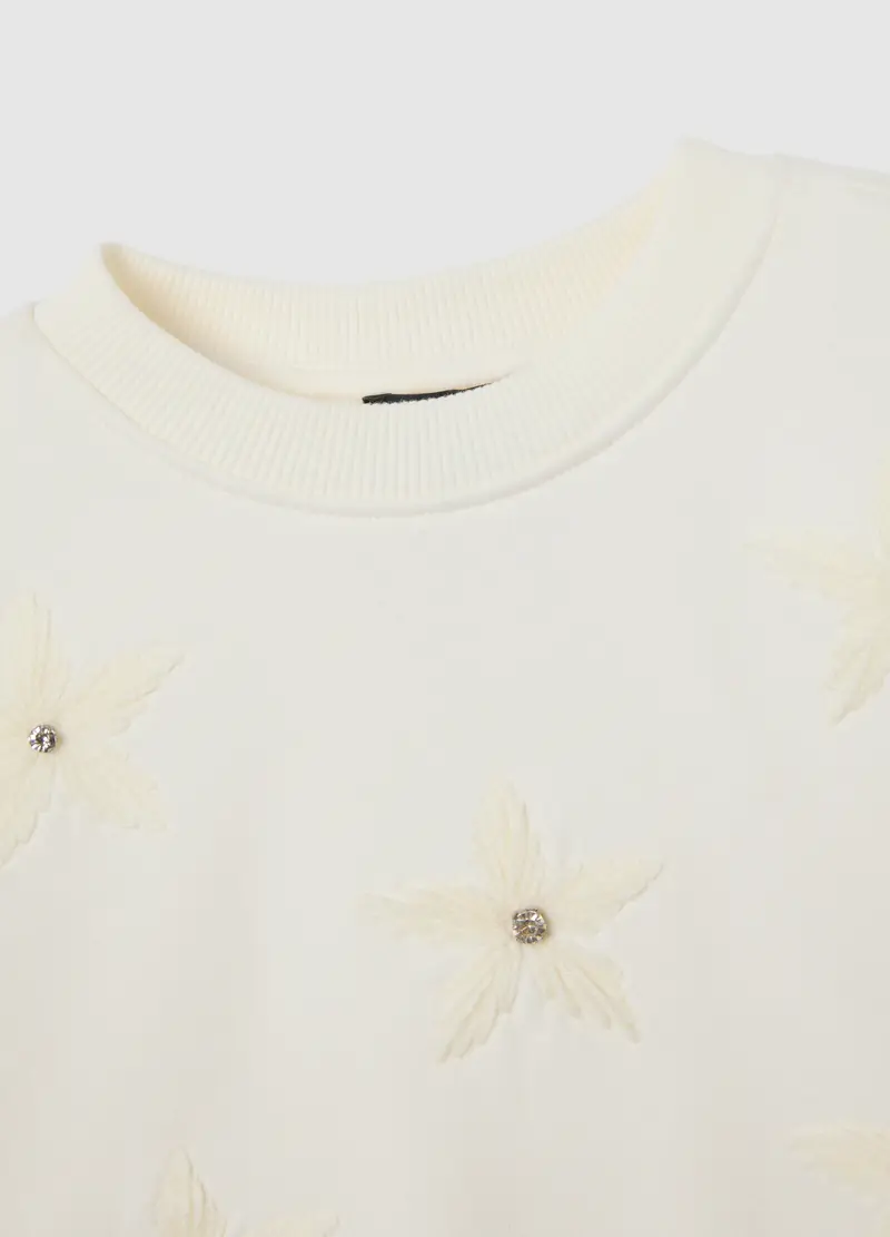 Felpa Da Bambina In Misto Cotone Bianca Regular Fit Con Ricami Floreali, Bianco miniatura 3