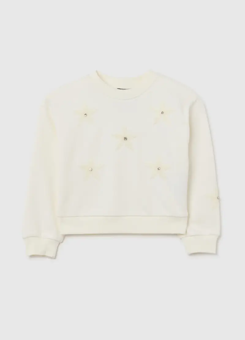 Felpa Da Bambina In Misto Cotone Bianca Regular Fit Con Ricami Floreali, Bianco