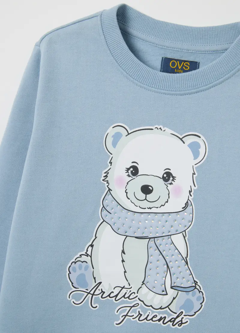 Felpa Da Bambina In Puro Cotone Azzurra Con Stampa E Scollo Rotondo, Azzurro miniatura 3