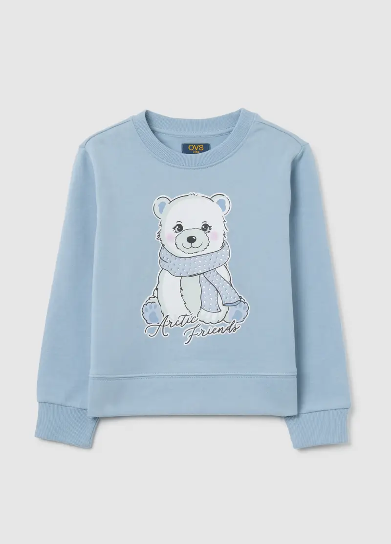 Felpa Da Bambina In Puro Cotone Azzurra Con Stampa E Scollo Rotondo, Azzurro