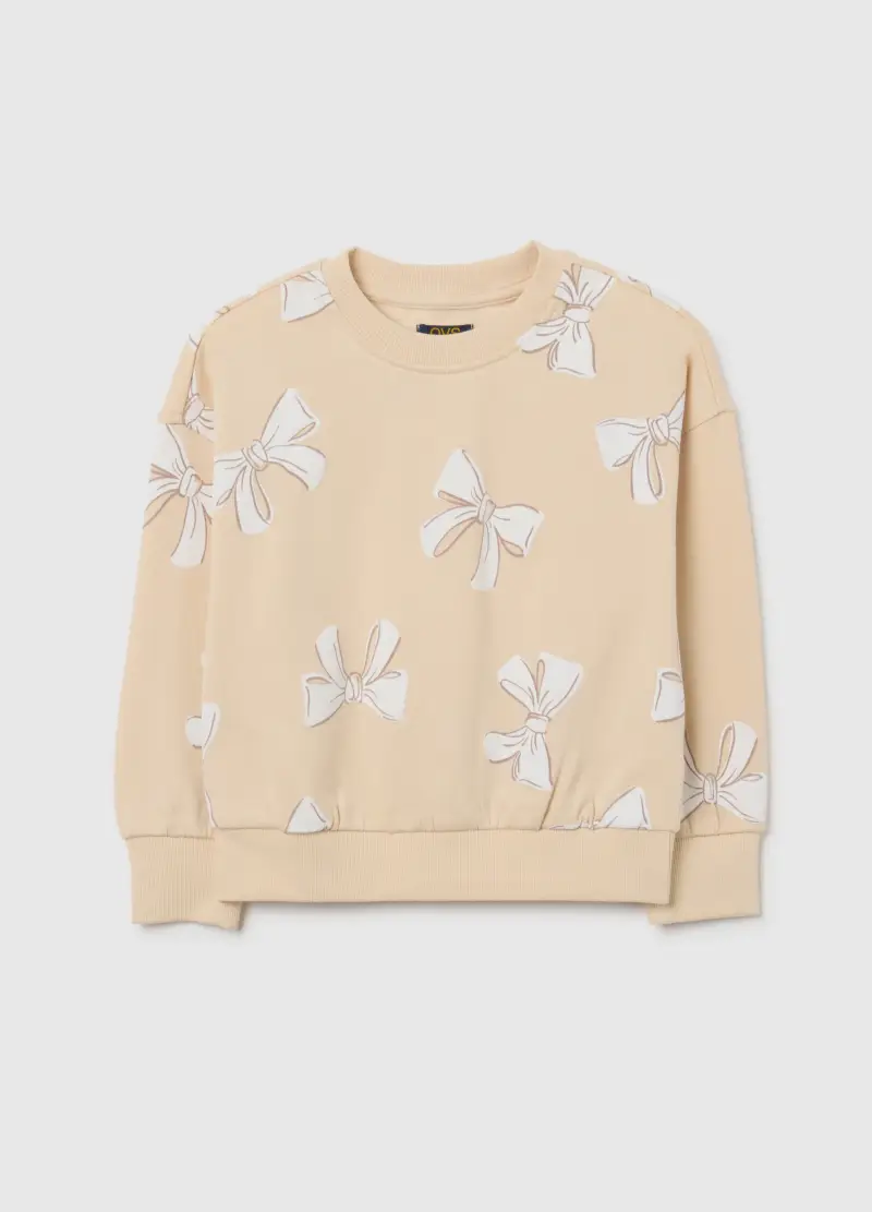 Felpa Da Bambina In Puro Cotone Beige Regular Fit Con Girocollo, Beige