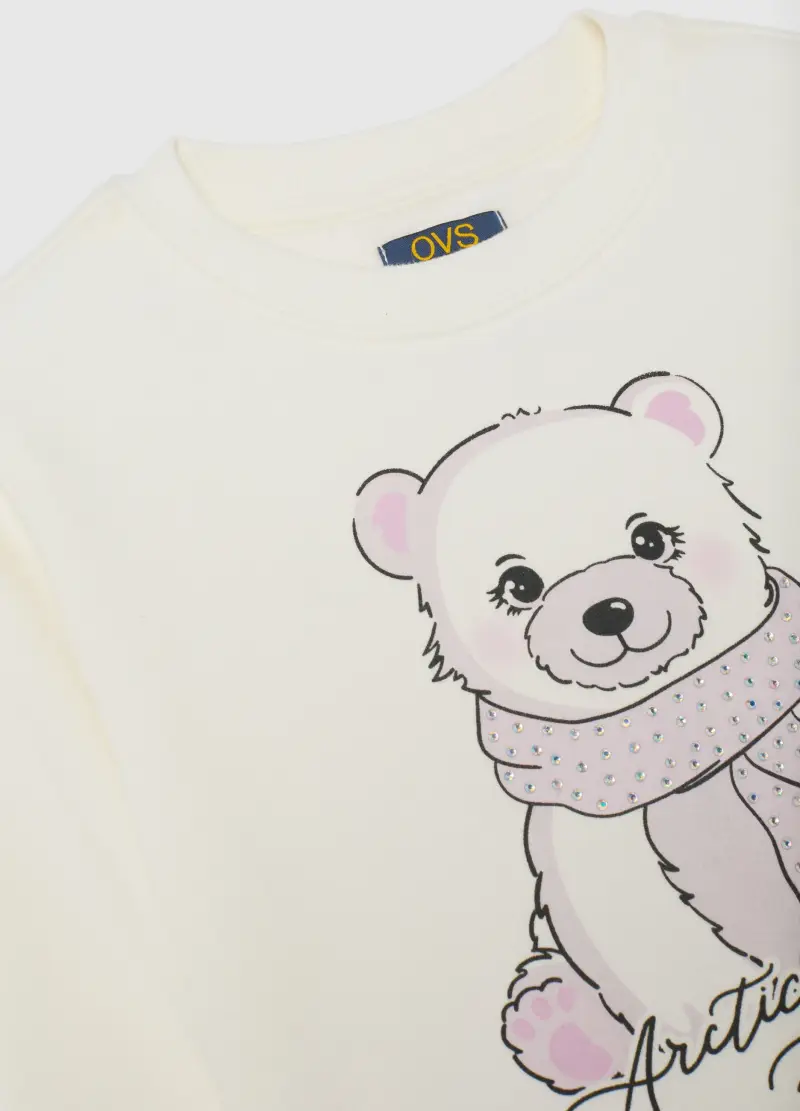 Felpa Da Bambina In Puro Cotone Bianca Con Stampa E Scollo Rotondo, Bianco miniatura 3