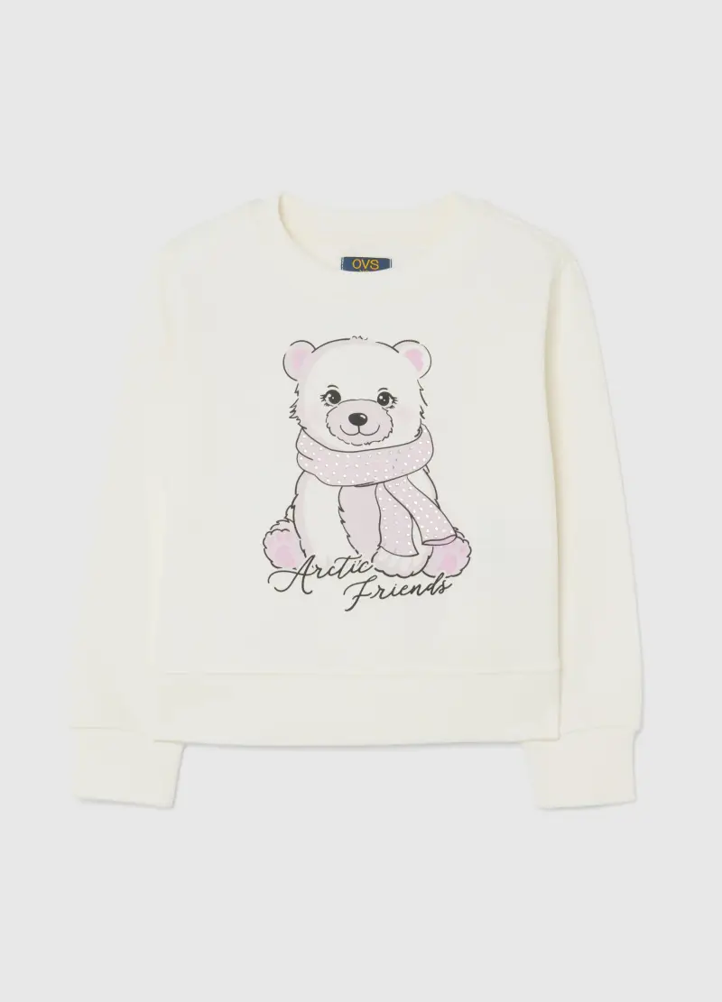 Felpa Da Bambina In Puro Cotone Bianca Con Stampa E Scollo Rotondo, Bianco