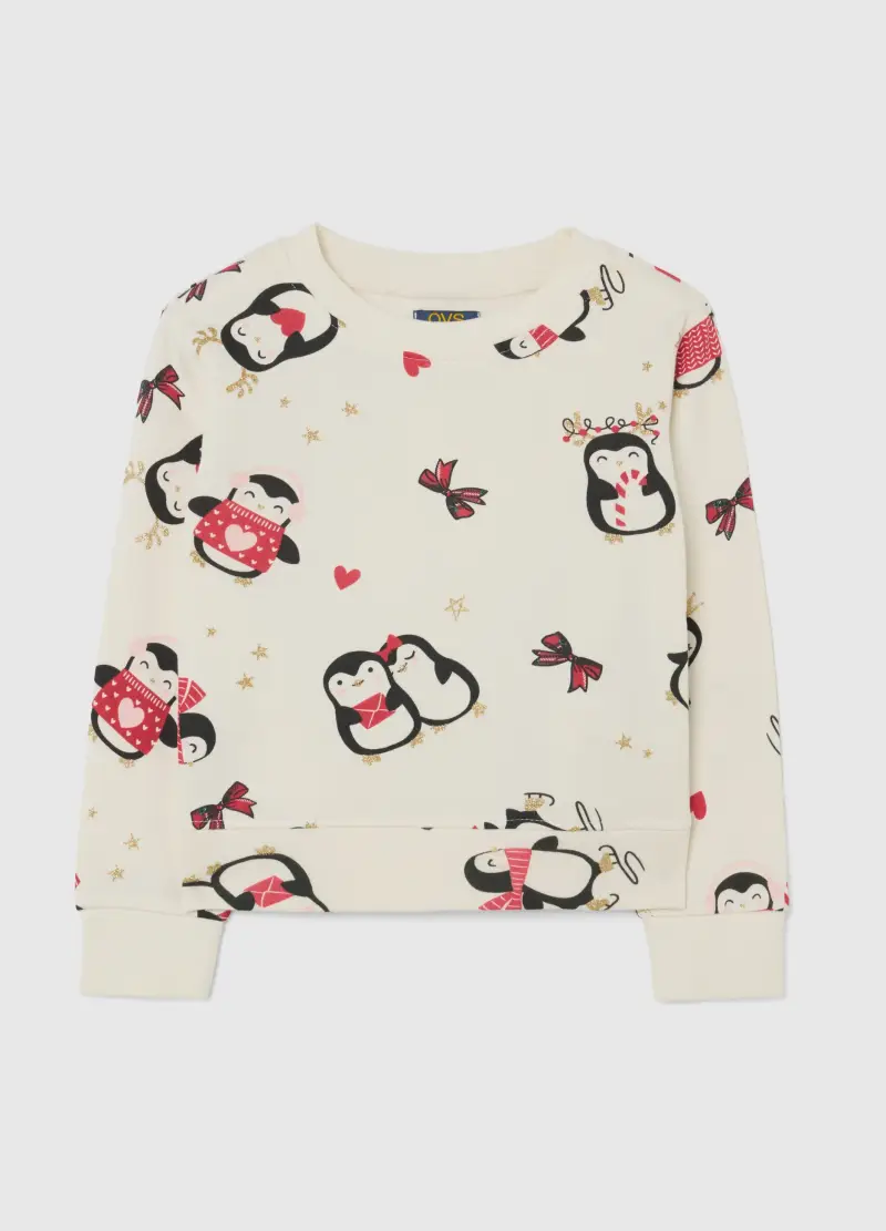 Felpa Da Bambina In Puro Cotone Multicolor Regular Fit Con Pinguini, Multicolor