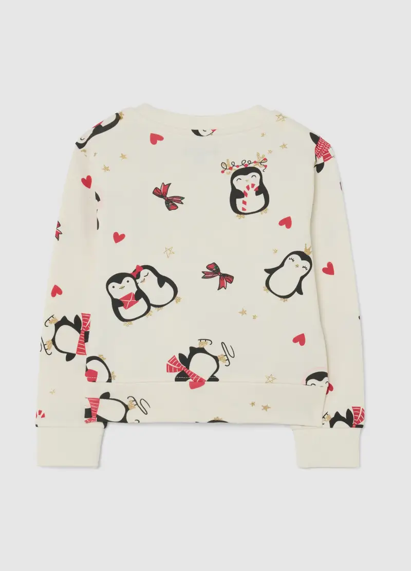 Felpa Da Bambina In Puro Cotone Multicolor Regular Fit Con Pinguini, Multicolor miniatura 2
