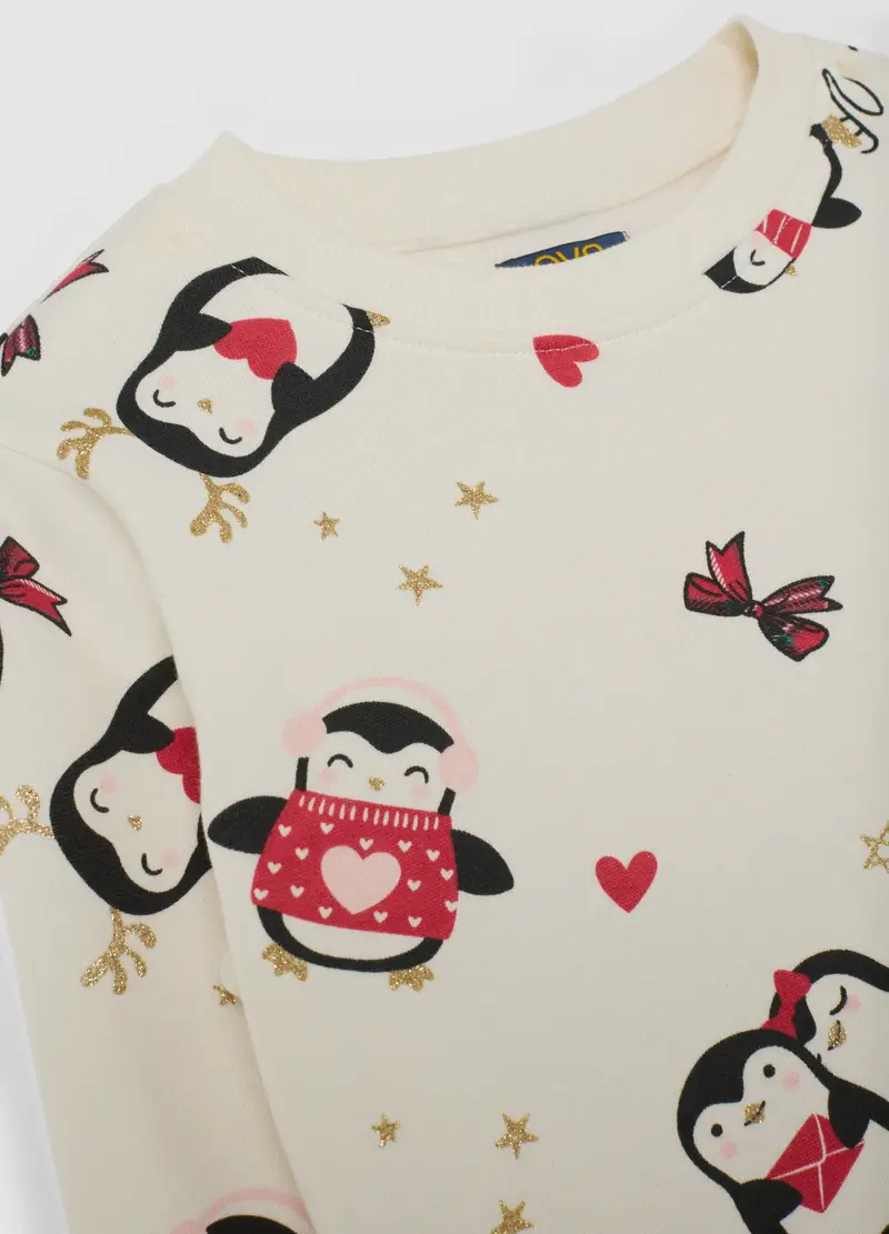 Felpa Da Bambina In Puro Cotone Multicolor Regular Fit Con Pinguini, Multicolor miniatura 3