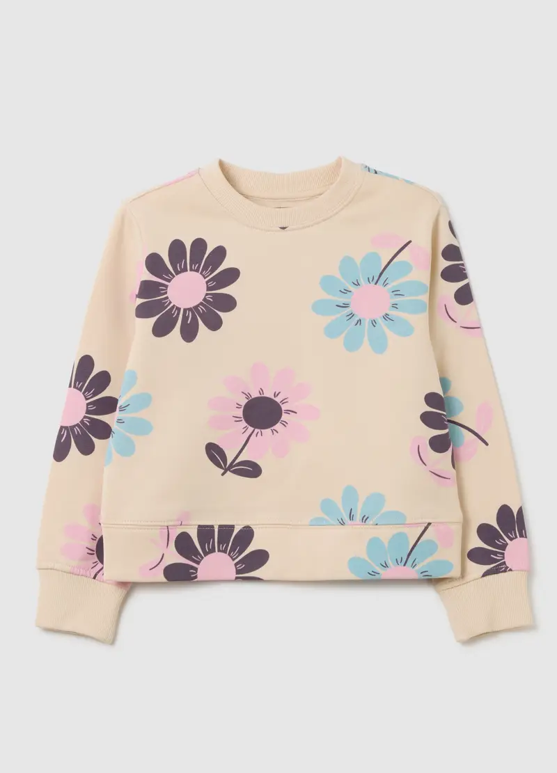 Felpa Da Bambina In Puro Cotone Rosa Regular Fit Con Stampa Floreale, Multicolor