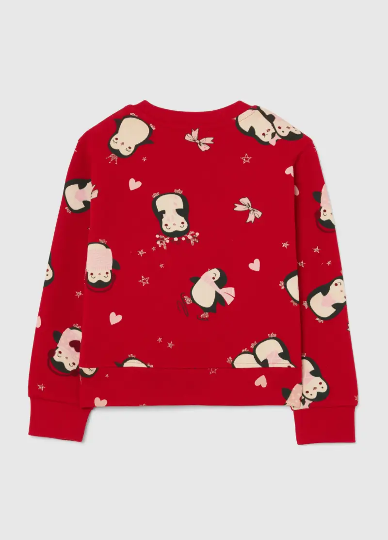 Felpa Da Bambina In Puro Cotone Rosso Regular Fit Con Pinguini, Rosso miniatura 2
