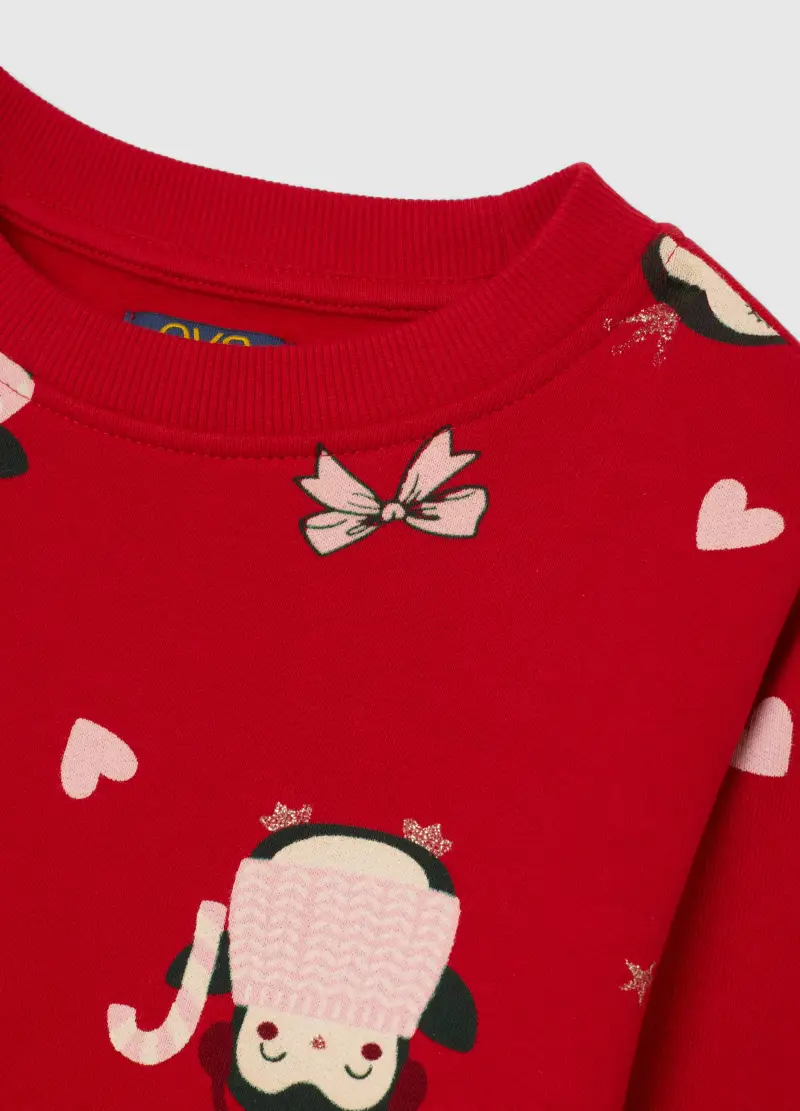 Felpa Da Bambina In Puro Cotone Rosso Regular Fit Con Pinguini, Rosso miniatura 3
