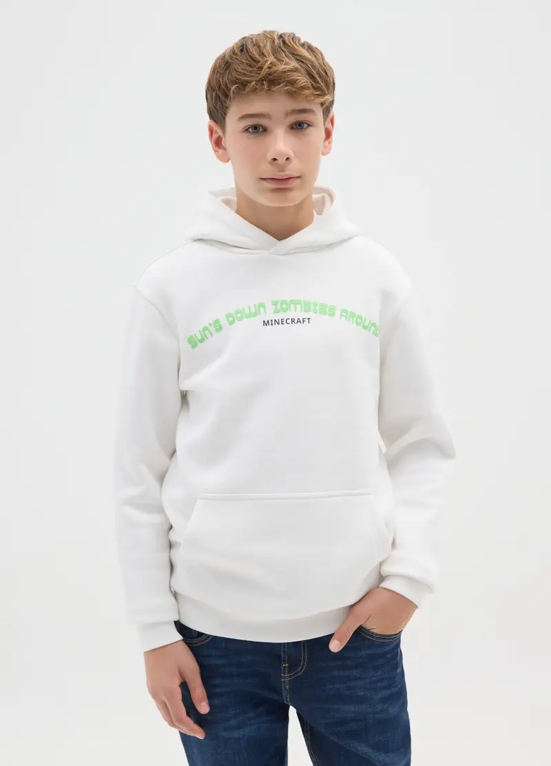 Felpa Da Bambino In Misto Cotone Bianca Regular Fit Con Stampa Minecraft, Bianco