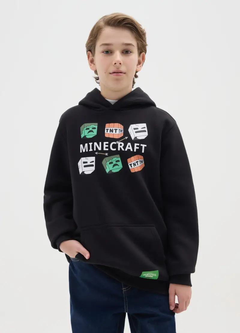 Felpa Da Bambino In Misto Cotone Nero Regular Fit Con Stampa Minecraft, Nero