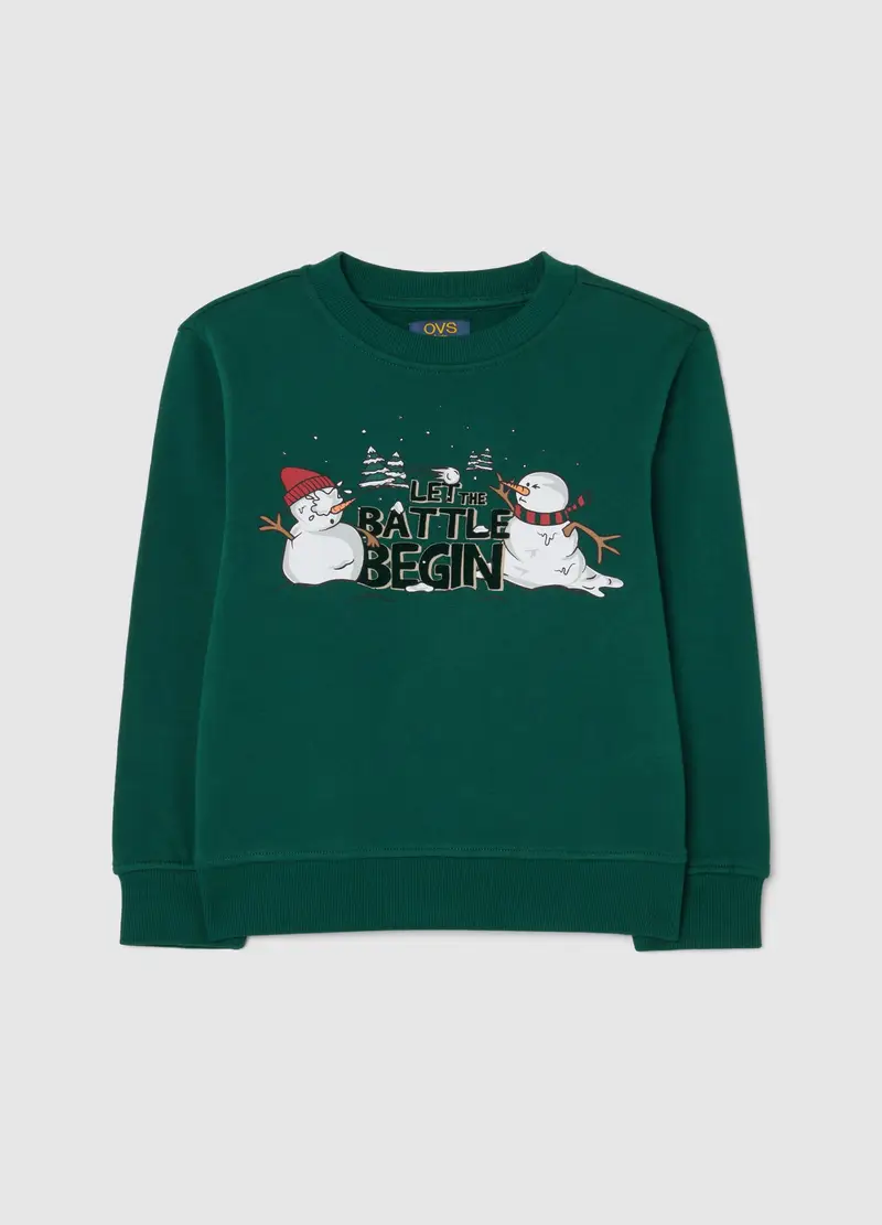 Felpa Da Bambino In Puro Cotone Verde Regular Fit Con Stampa Natalizia, Verde