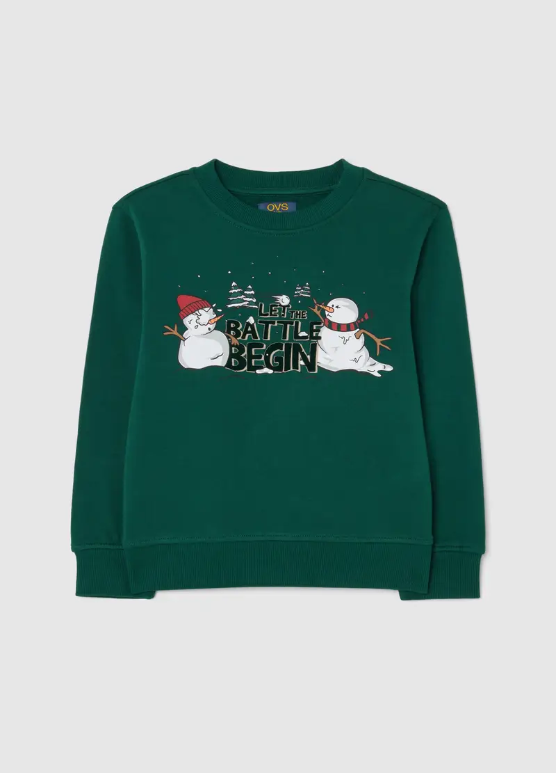 Felpa Da Bambino In Puro Cotone Verde Regular Fit Con Stampa Natalizia, Verde