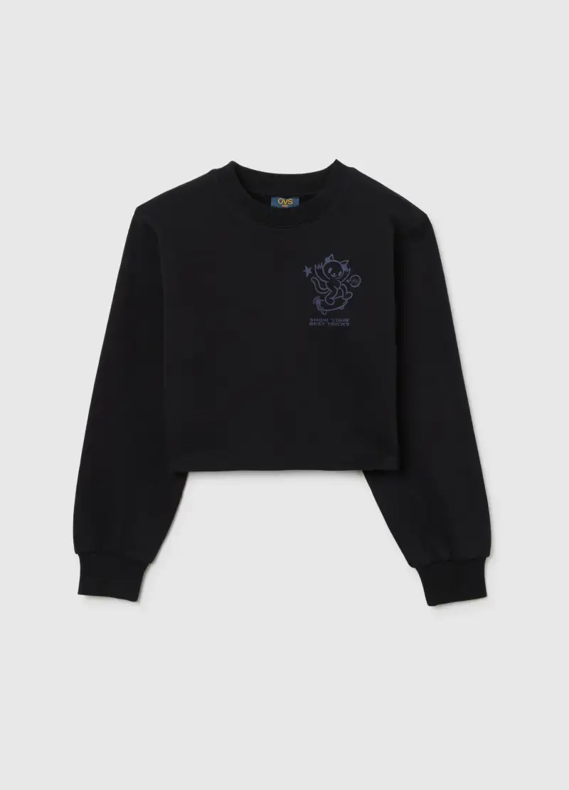 Felpa Da Ragazza In Puro Cotone Nero Regular Fit Con Scollo Rotondo, Bambina, Nero