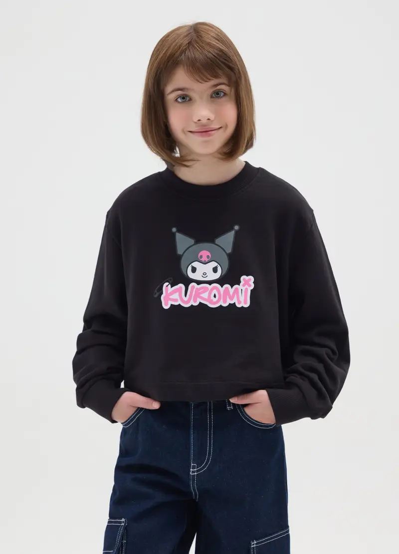 Felpa Da Ragazza In Puro Cotone Nero Regular Fit Girocollo, Bambina, Nero