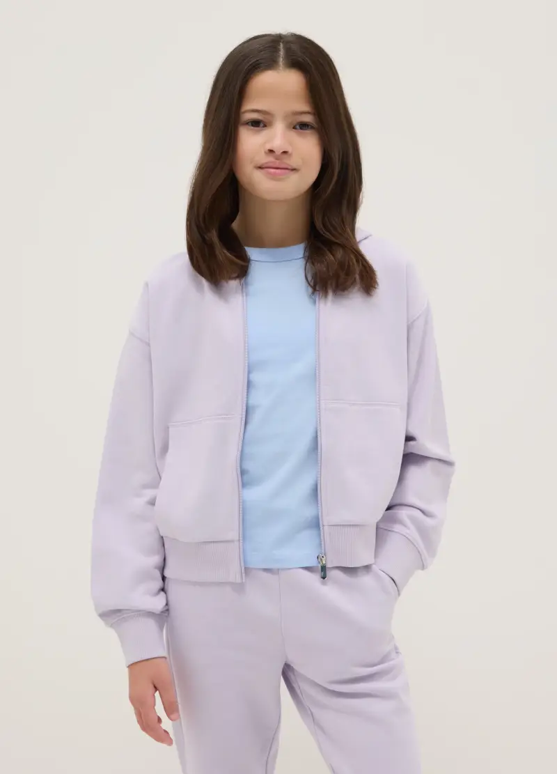 Felpa Da Ragazza In Puro Cotone Viola Regular Fit Con Cappuccio E Zip, Bambina, Viola