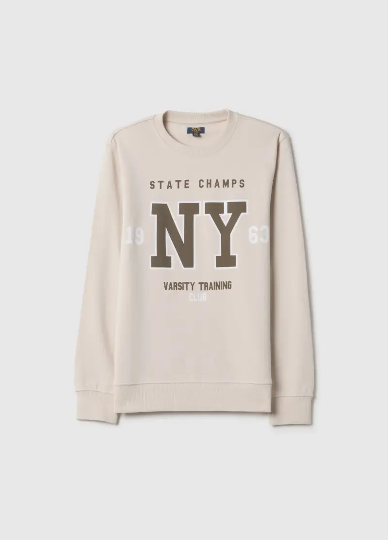 Felpa Girocollo Beige Da Ragazzo In Puro Cotone Regular Fit Con Stampa, Bambino, Beige