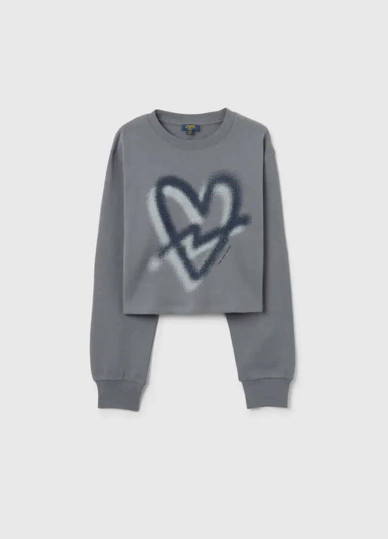 Felpa Grigia Da Ragazza In Puro Cotone Regular Fit Con Cuore Stampato, Bambina, Grigio