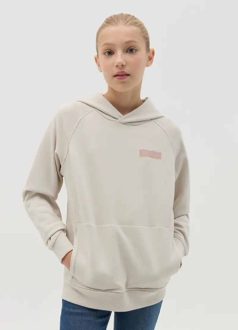 Felpa In French Terry Con Cappuccio E Stampa, Bambina, Bianco