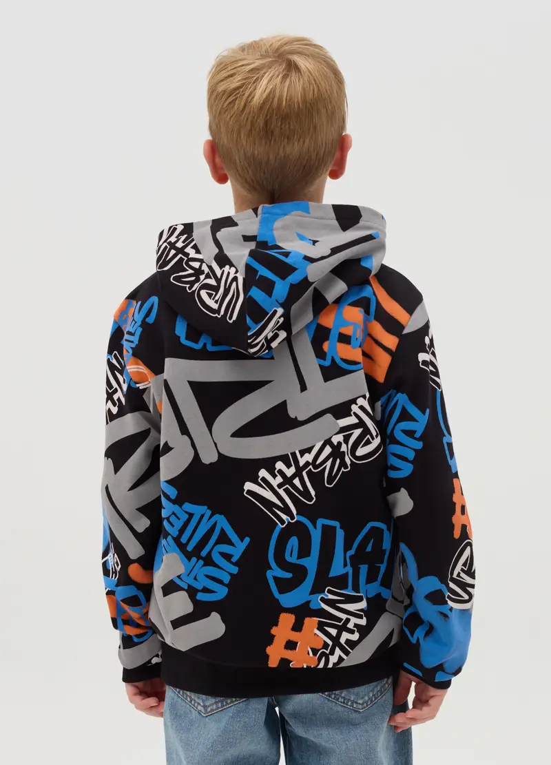 Felpa In French Terry Con Cappuccio E Stampa, Bambino, Nero miniatura 2