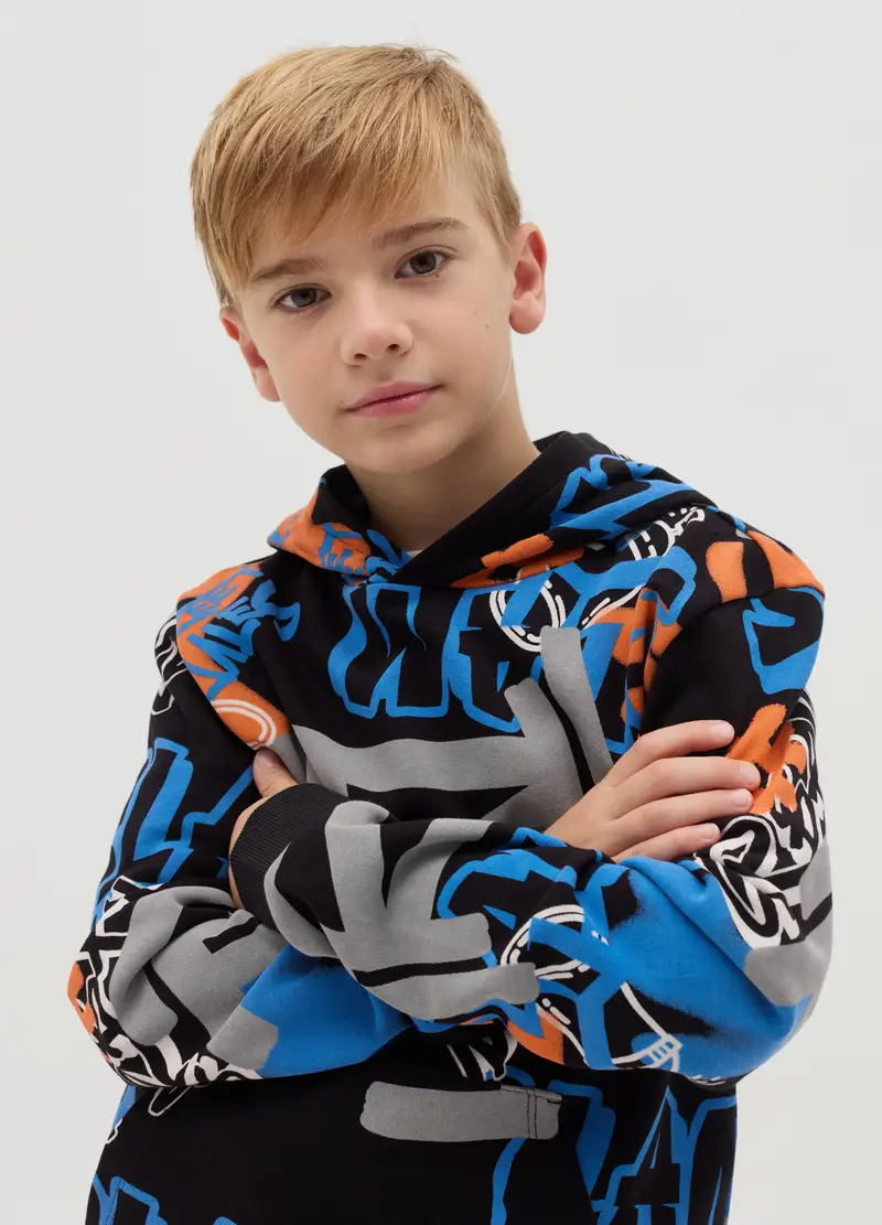 Felpa In French Terry Con Cappuccio E Stampa, Bambino, Nero miniatura 3