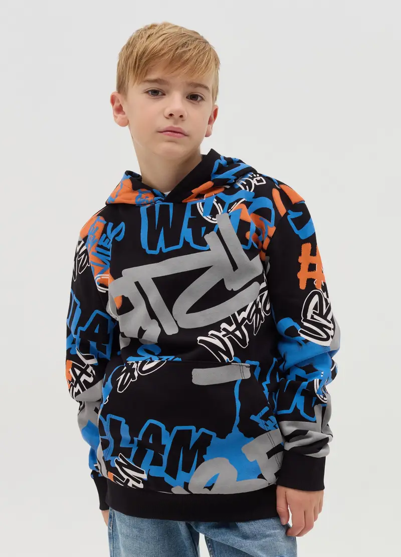 Felpa In French Terry Con Cappuccio E Stampa, Bambino, Nero