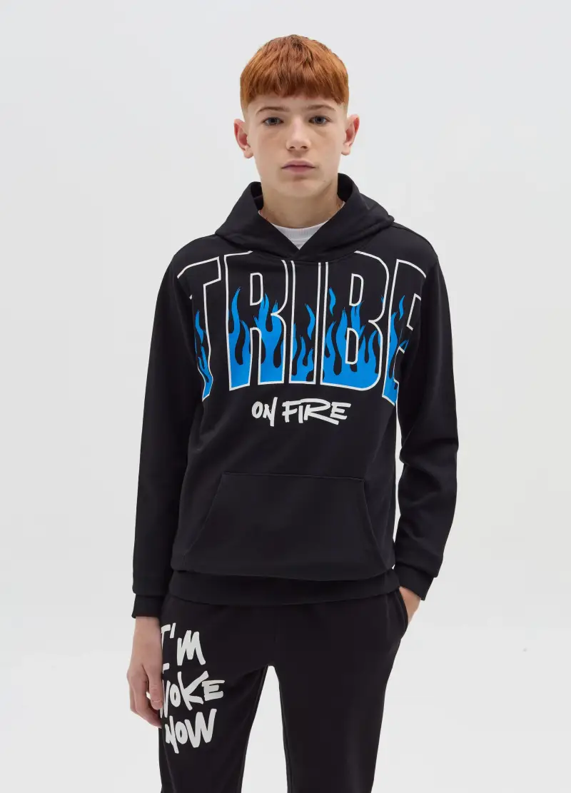 Felpa In French Terry Con Cappuccio E Stampa, Bambino, Nero