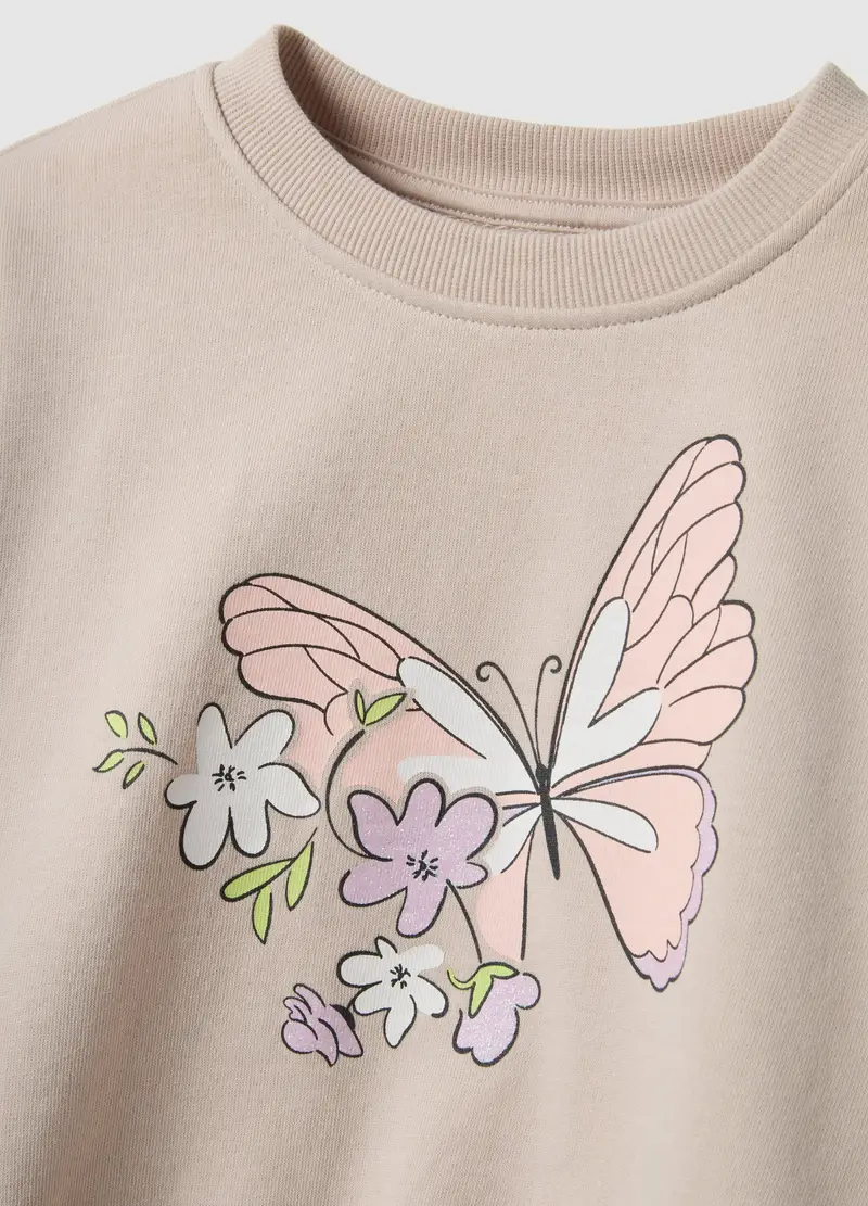 Felpa In Puro Cotone Beige Regular Fit Con Stampa Per Bambina, Beige miniatura 3