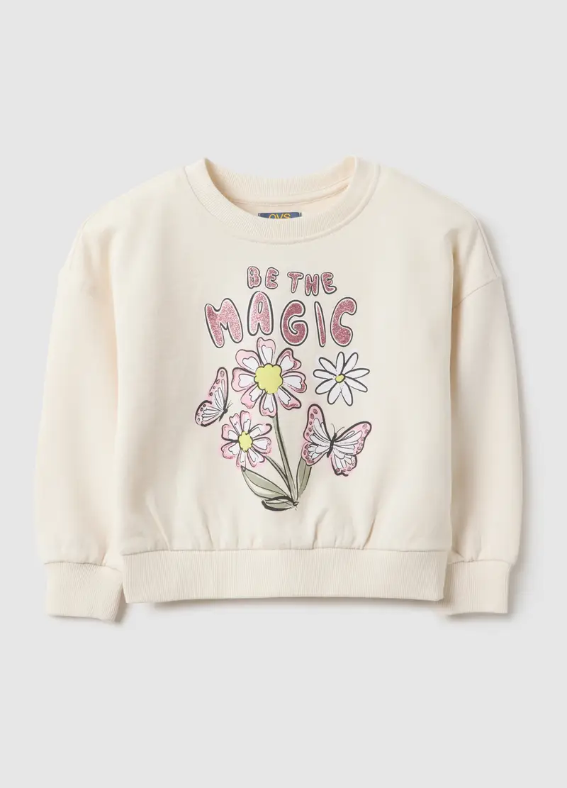 Felpa In Puro Cotone Bianca Da Bambina Regular Fit Con Decori, Bianco