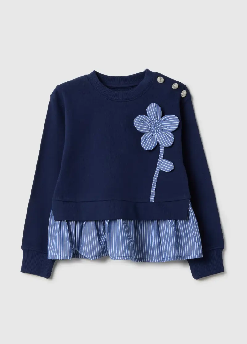 Felpa In Puro Cotone Blu Da Bambina Regular Fit Con Volant, Blu