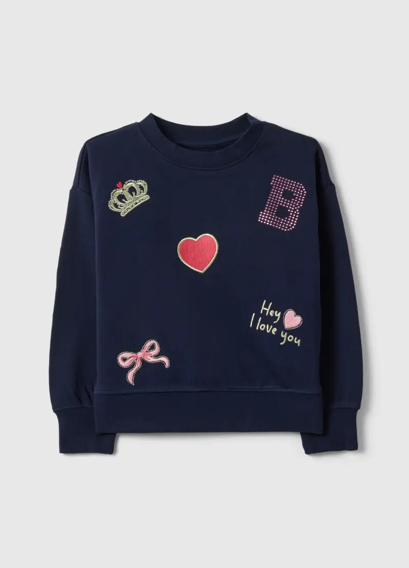 Felpa In Puro Cotone Blu Regular Fit Con Ricami Per Bambina, Blu