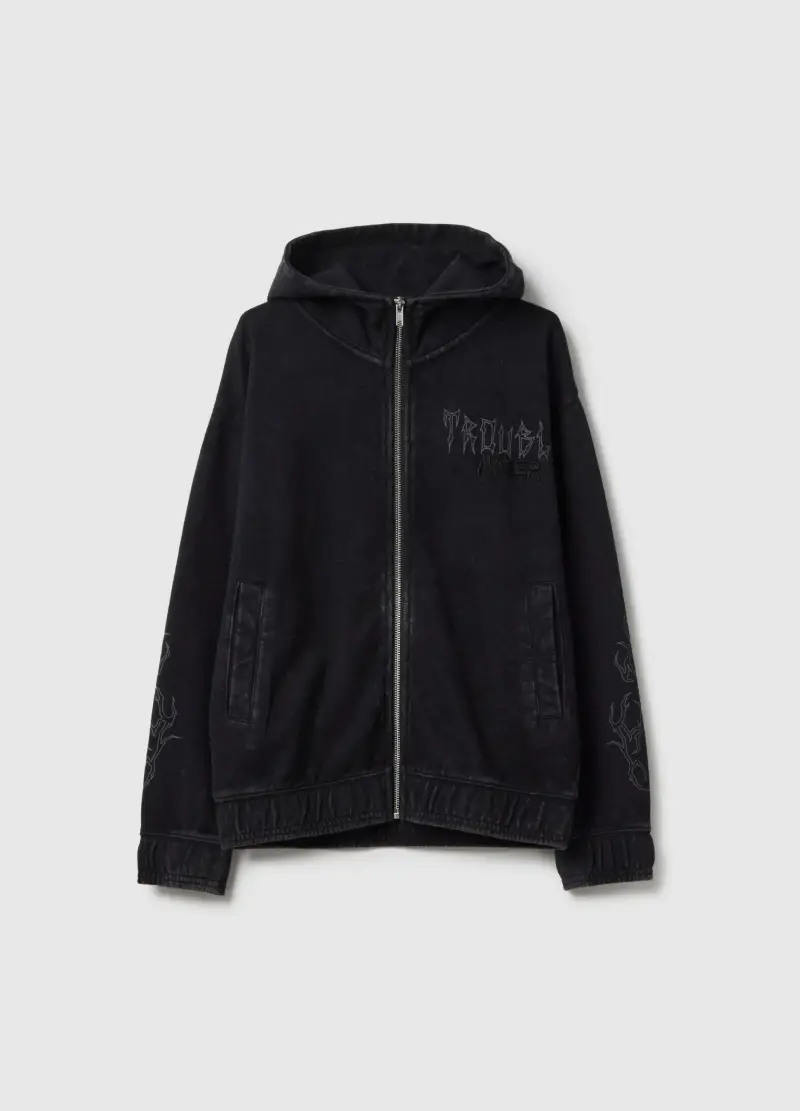 Felpa In Puro Cotone Nero Da Ragazzo Regular Fit Con Cappuccio E Zip, Bambino, Nero