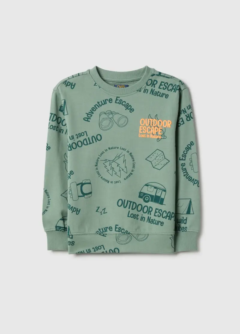 Felpa In Puro Cotone Verde Da Bambino Regular Fit Con Stampa, Verde