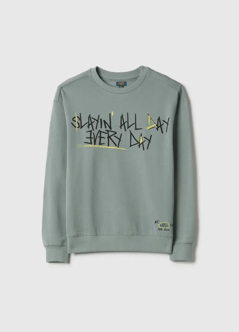 Felpa In Puro Cotone Verde Da Ragazzo Over Fit Con Scritta, Bambino, Verde