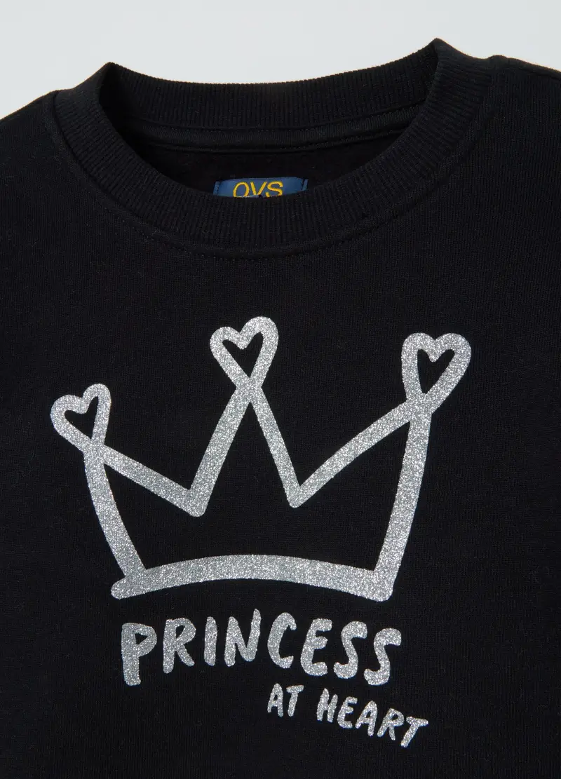 Felpa Nera Da Bambina In Puro Cotone Con Stampa Corona Regular Fit, Nero miniatura 3