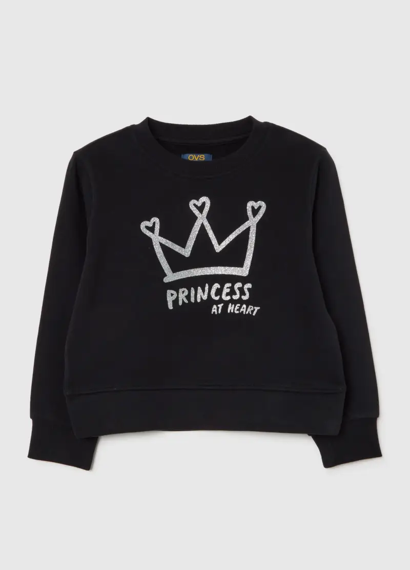 Felpa Nera Da Bambina In Puro Cotone Con Stampa Corona Regular Fit, Nero