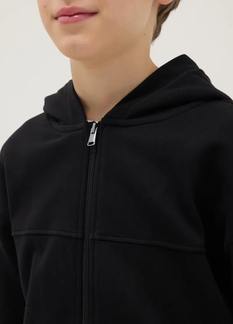 Felpa Nera Per Ragazzo In Puro Cotone Vestibilità Over Con Cappuccio E Zip, Bambino, Nero miniatura 3