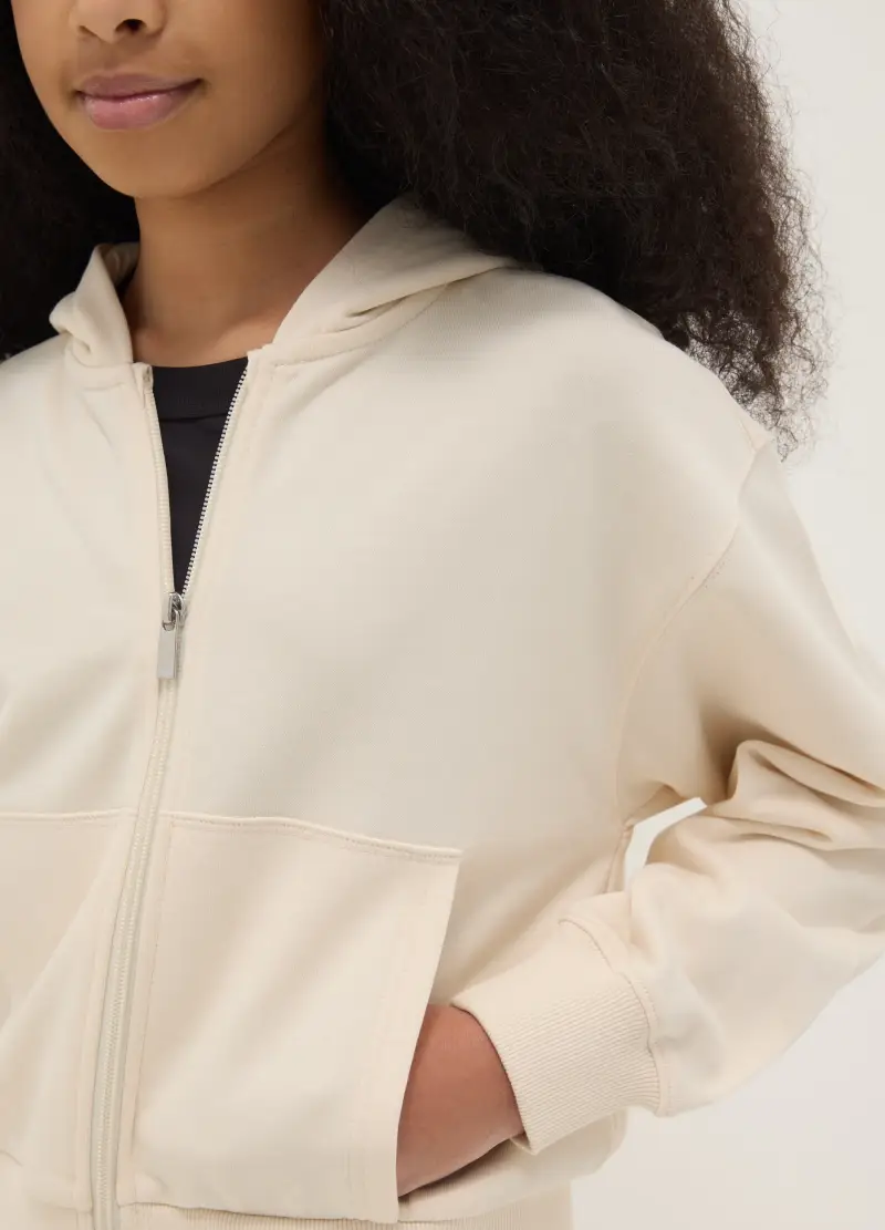 Felpa Per Ragazza In Puro Cotone Beige Relaxed Fit Con Cappuccio, Bambina, Beige miniatura 3
