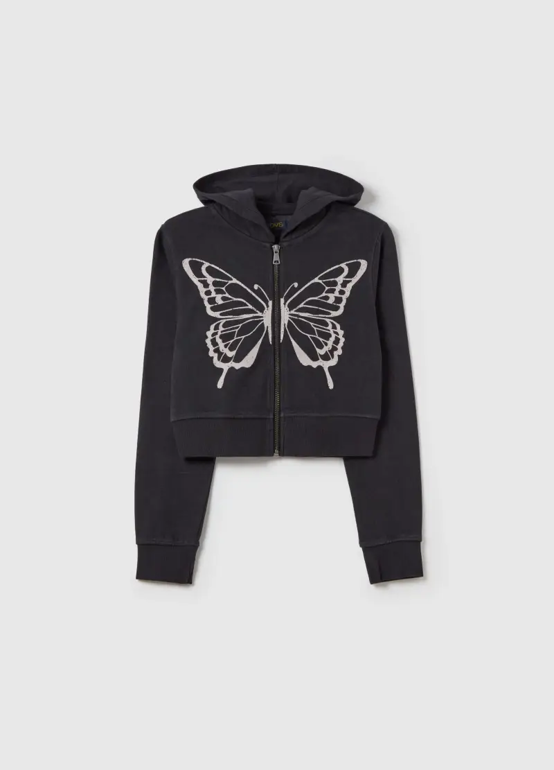 Full-zip Con Cappuccio E Stampa Farfalla, Bambina, Grigio