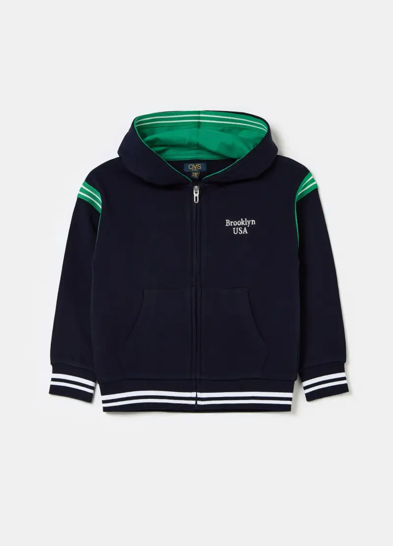 Full-zip Con Profili Rigati Stampa College, Bambino, Blu