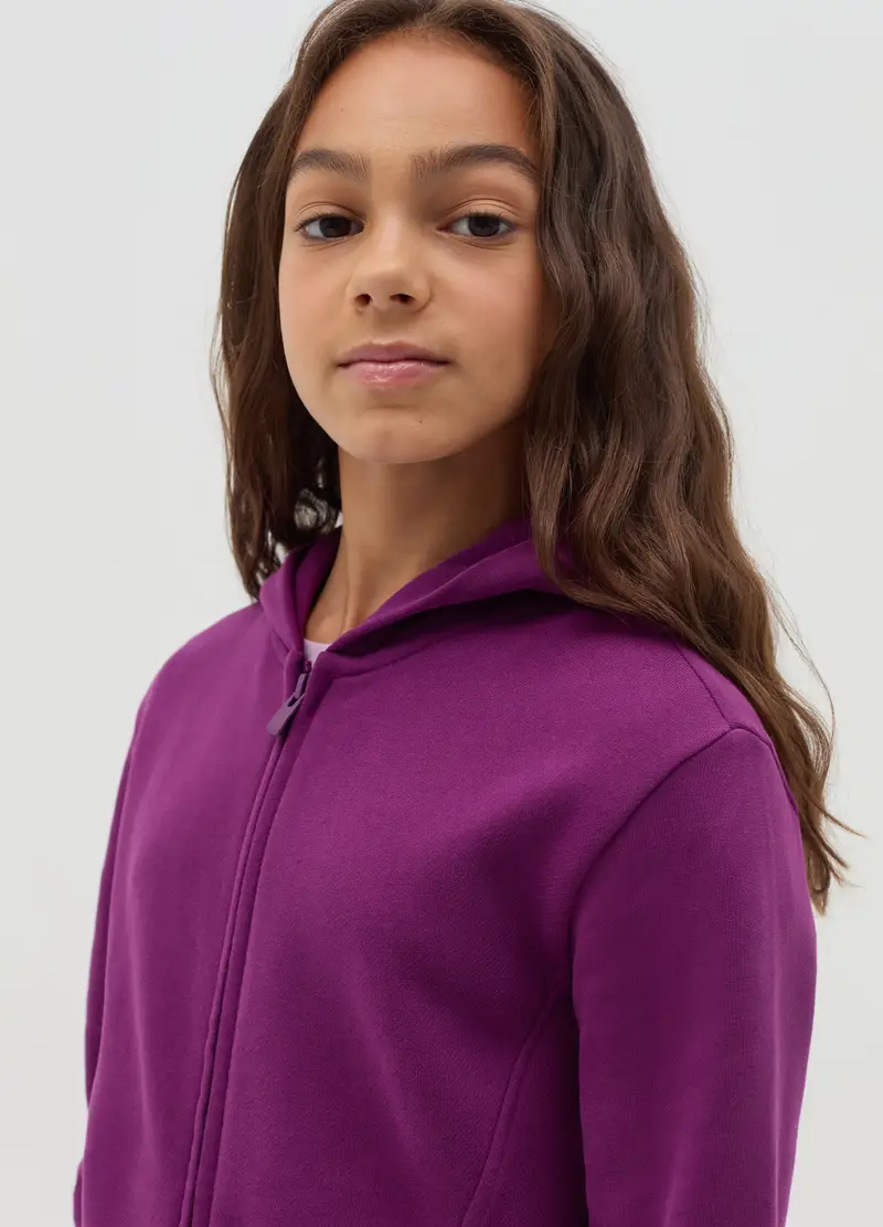 Full-zip Essential In Cotone Bio Con Cappuccio, Bambina, Viola miniatura 3