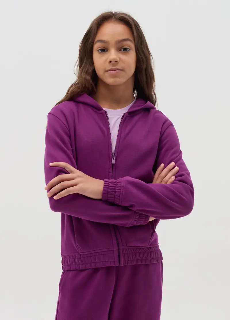 Full-zip Essential In Cotone Bio Con Cappuccio, Bambina, Viola