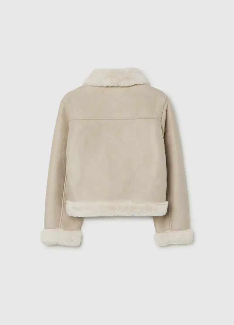 Giacca Beige In Finta Pelle Con Pelliccia Sintetica, Bambina, Beige miniatura 2