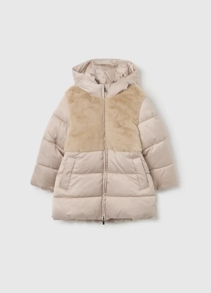 Giacca Imbottita Beige Da Bambina Con Zip E Cappuccio, Multicolor