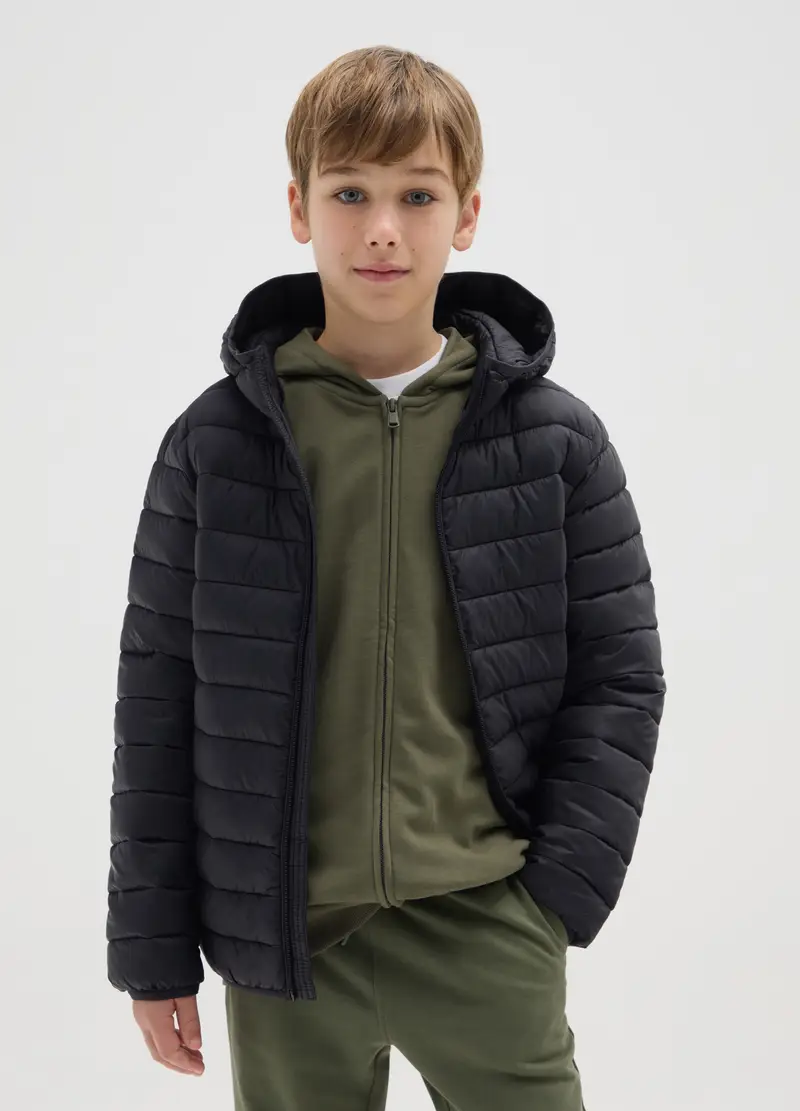 Giacca Imbottita Nera Da Ragazzo Con Cappuccio, Bambino, Nero