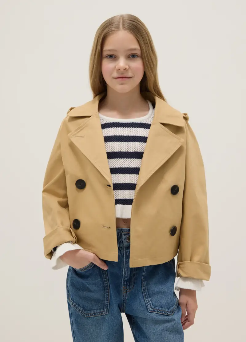 Giacca In Puro Cotone Beige Da Ragazza Regular Fit Con Cappuccio, Bambina, Beige