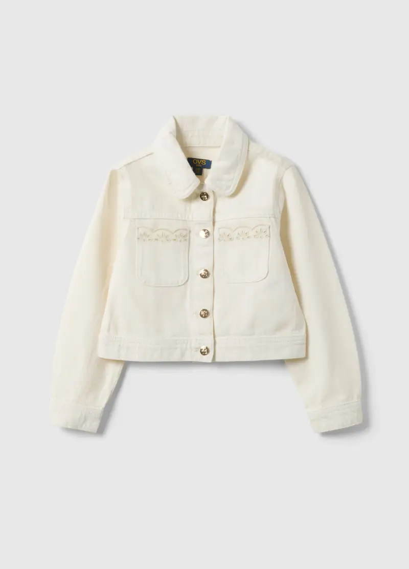 Giacca In Puro Cotone Bianco Da Bambina Regular Fit Con Ricami, Bianco