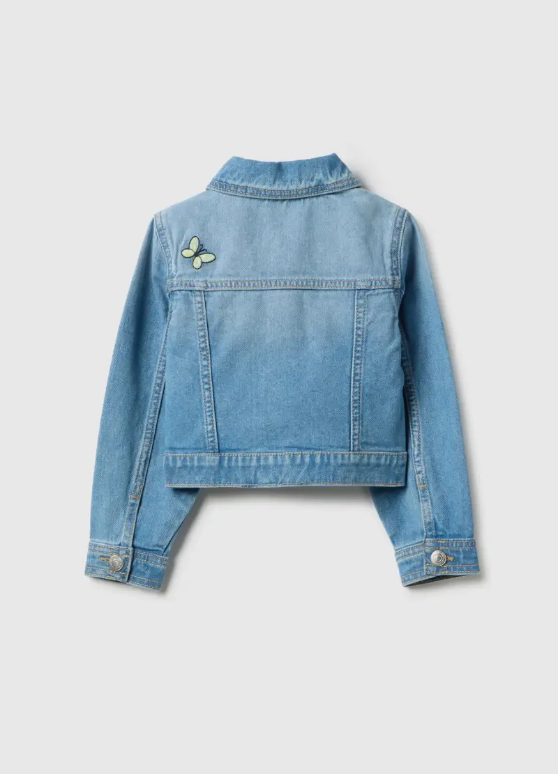 Giacca In Puro Cotone Denim Blu Regular Fit Con Applicazioni, Bambina, Denim miniatura 2