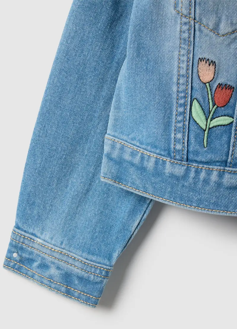 Giacca In Puro Cotone Denim Blu Regular Fit Con Applicazioni, Bambina, Denim miniatura 3